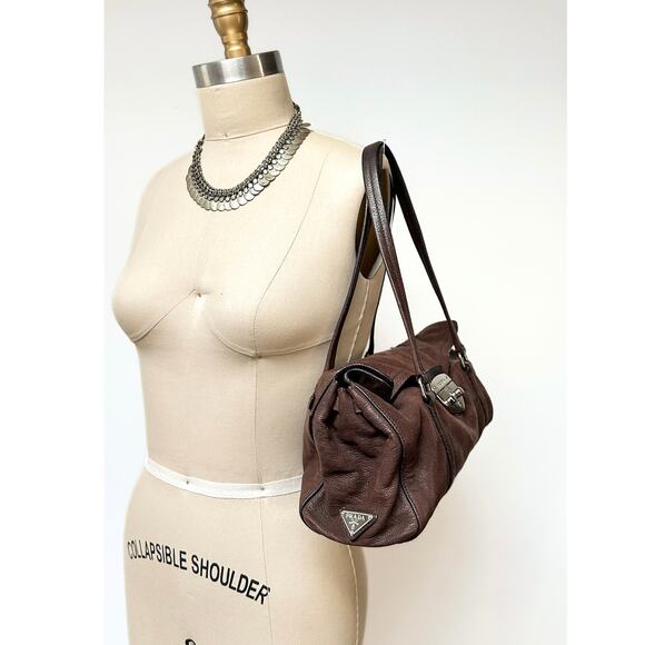 Prada Chocolate Brown Leather Cervo Antik Easy Foldover Pushlock Shoulder Purse - Picture 8 of 14